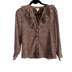 J. Crew Factory SZ XS Brown and White Ruffle Button Up Blouse Preppy Careerwear
